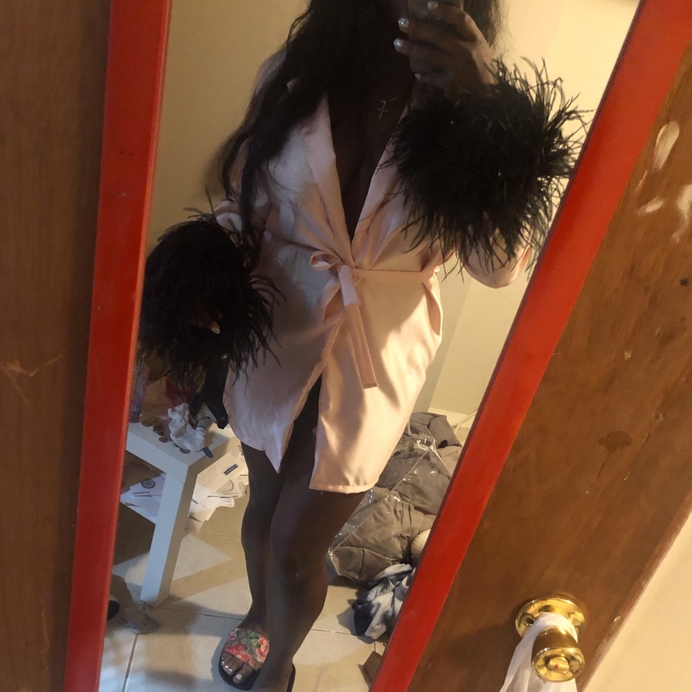 Custom Satin Pink Robe with real Ostrich Feathers